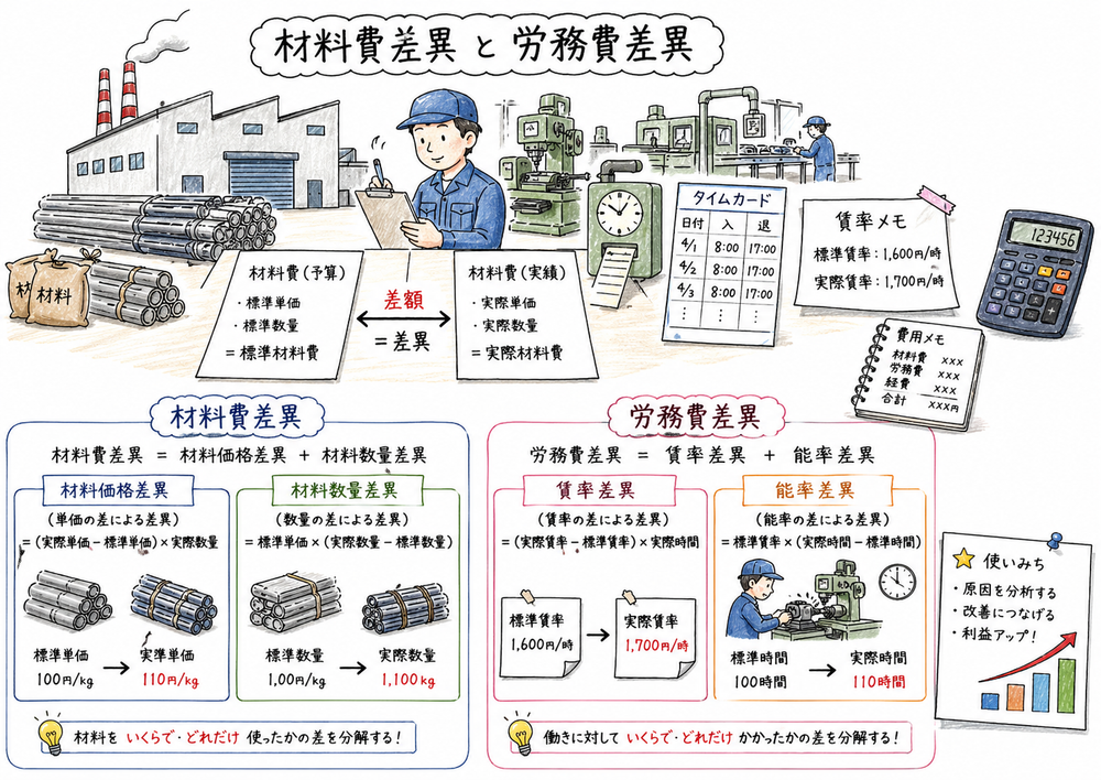 材料費差異を価格差異と数量差異に、労務費差異を賃率差異と能率差異に分ける対応関係を示す図解