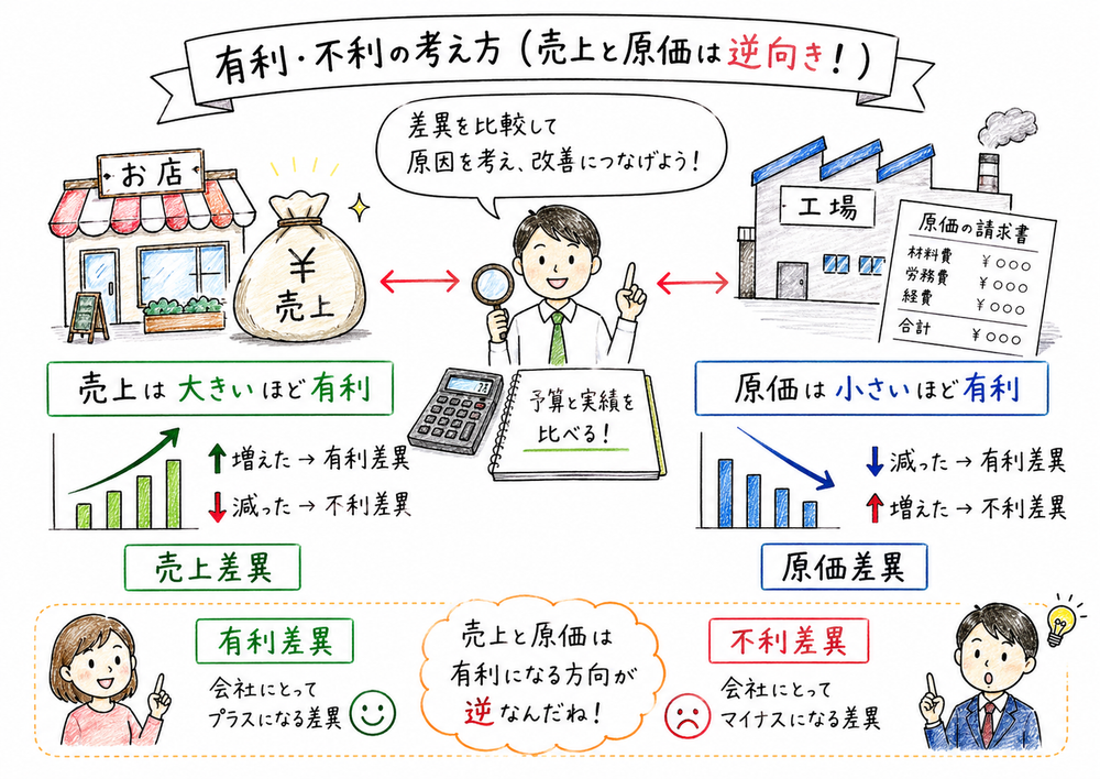 売上は実績が大きいほど有利、原価は実績が小さいほど有利になることを示す図解