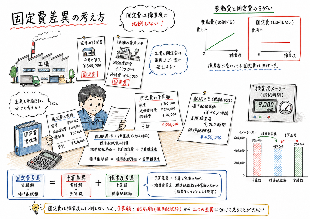 固定費差異を予算額、実績額、標準配賦額の違いとして読み、操業度差も確認することを示す図解