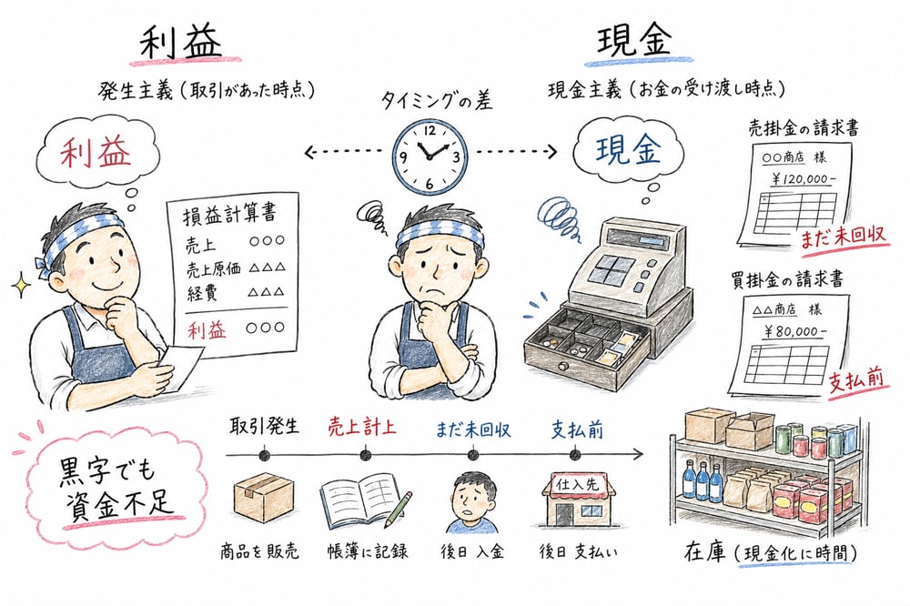 利益と現金のタイミング差を、店舗の売掛金・未払費用・在庫で説明する図解