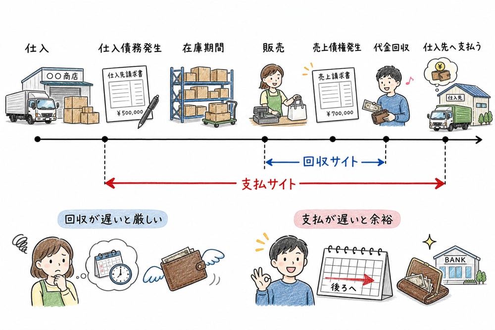 仕入から在庫・販売・回収・支払までのサイトが資金繰りに与える影響の図解