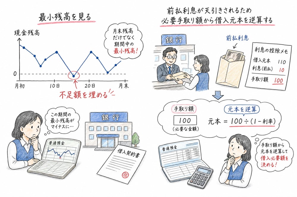 期間中最小残高と前払利息を踏まえて借入必要額を逆算する図解