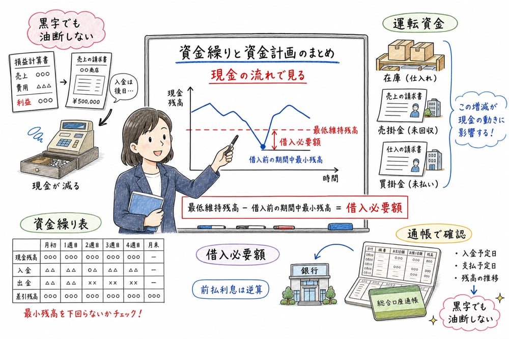 資金繰り表・運転資金・最小残高・前払利息をまとめて復習する図解