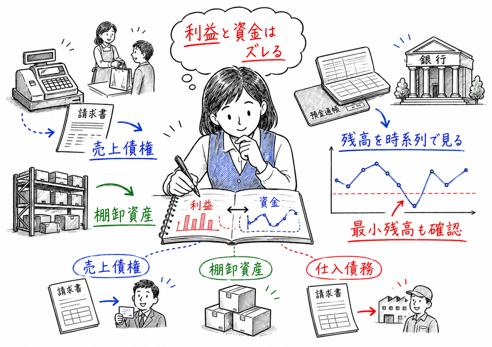 資金繰りで利益と資金のズレ、運転資金、残高推移、最小残高を最初に押さえる図解