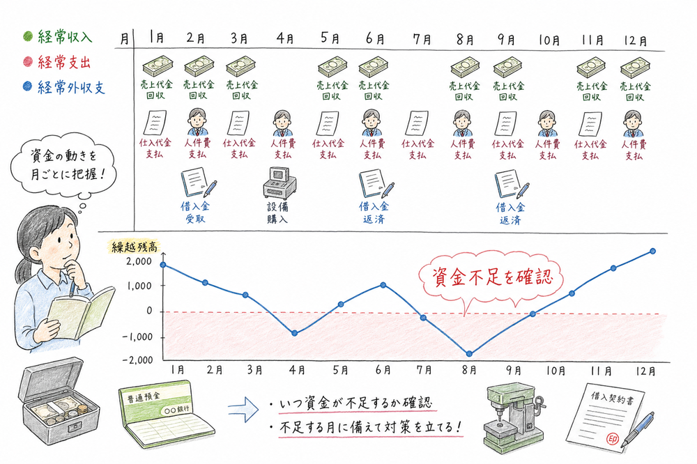 月次の入金・出金と繰越残高から資金不足を確認する資金繰り表の図解