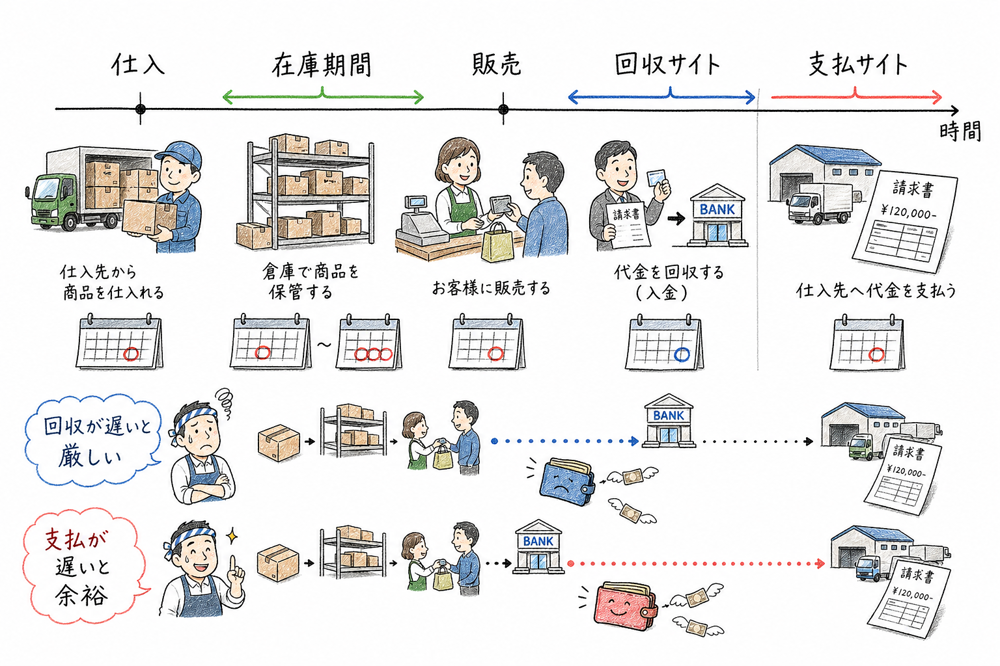 仕入から在庫・販売・回収・支払までのサイトが資金繰りに与える影響の図解