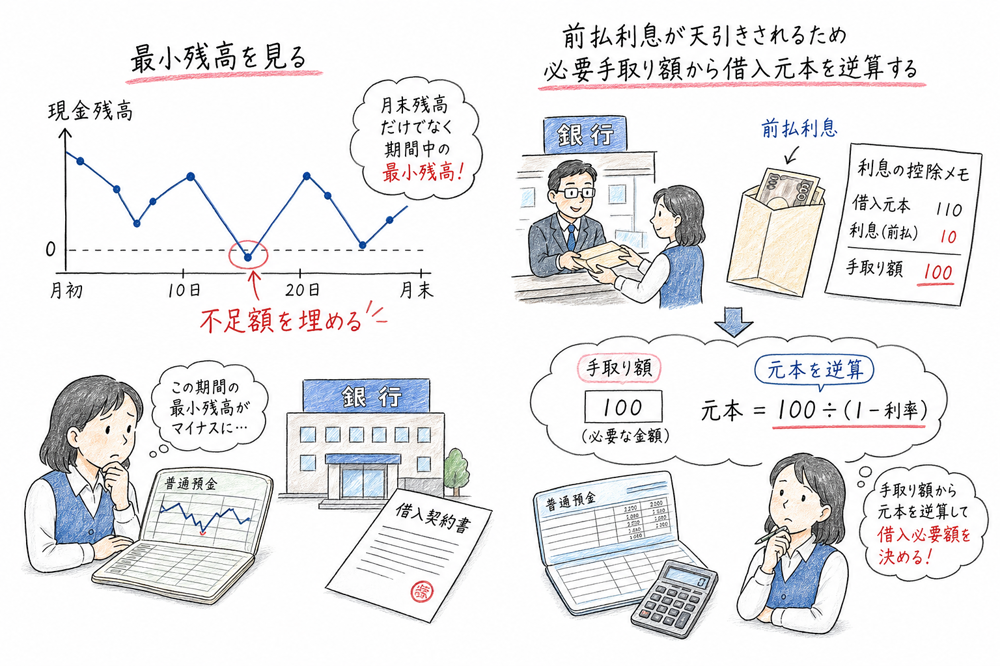 期間中最小残高と前払利息を踏まえて借入必要額を逆算する図解