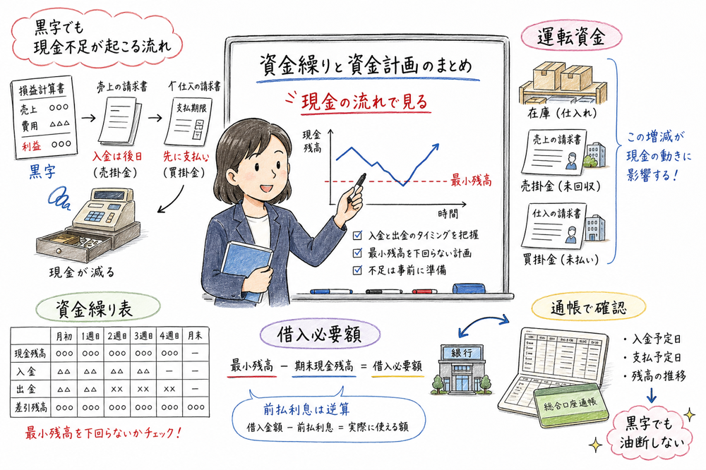 資金繰り表・運転資金・最小残高・前払利息をまとめて復習する図解