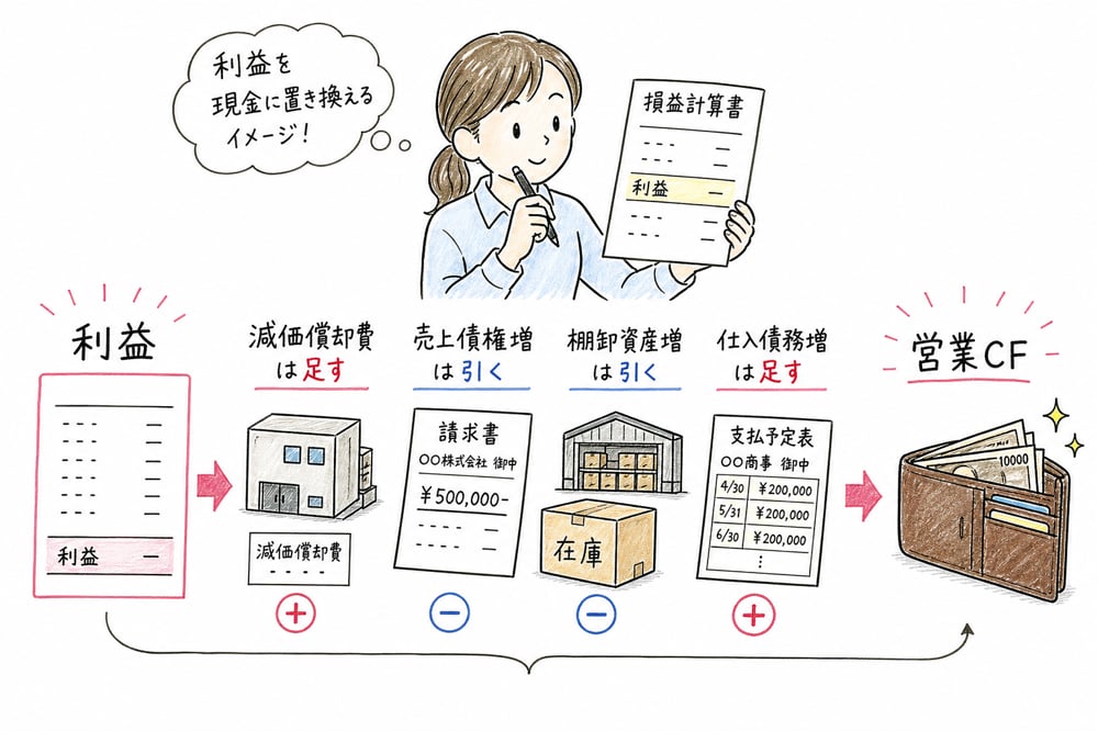 利益から営業CFへ調整する項目の図解