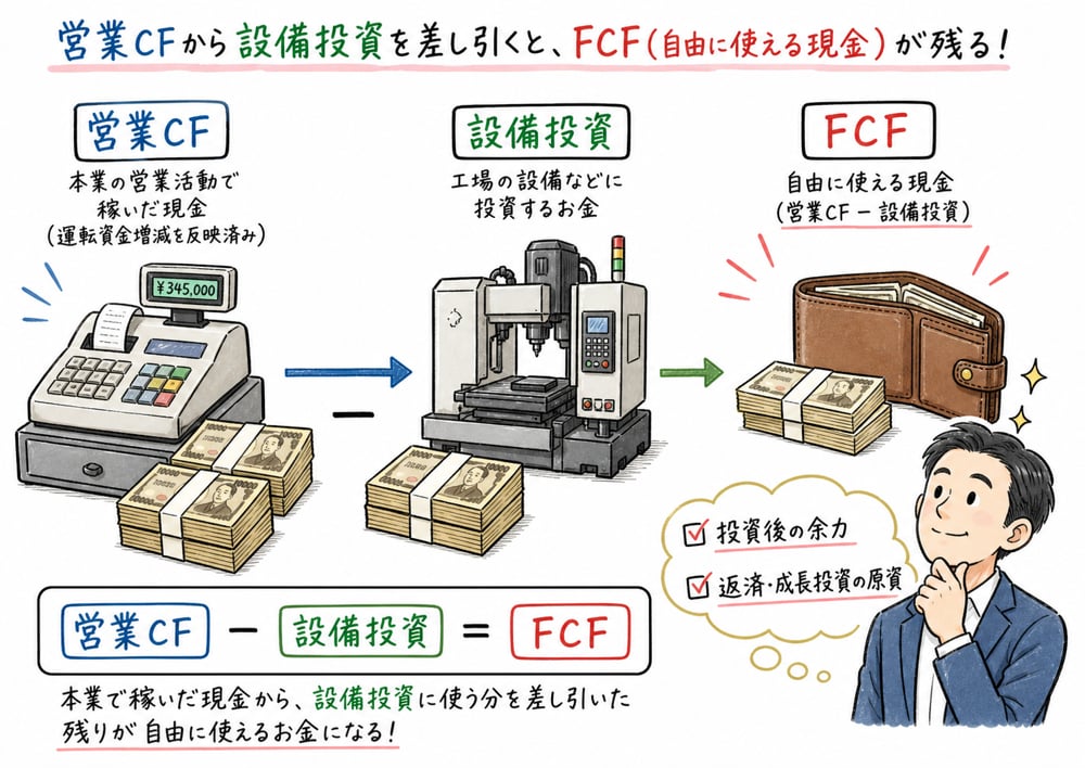 営業CFから設備投資額を差し引いてFCFを考える図解