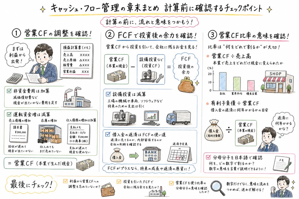 営業CF調整、FCF、キャッシュ・フロー関連比率を計算前に確認する図解