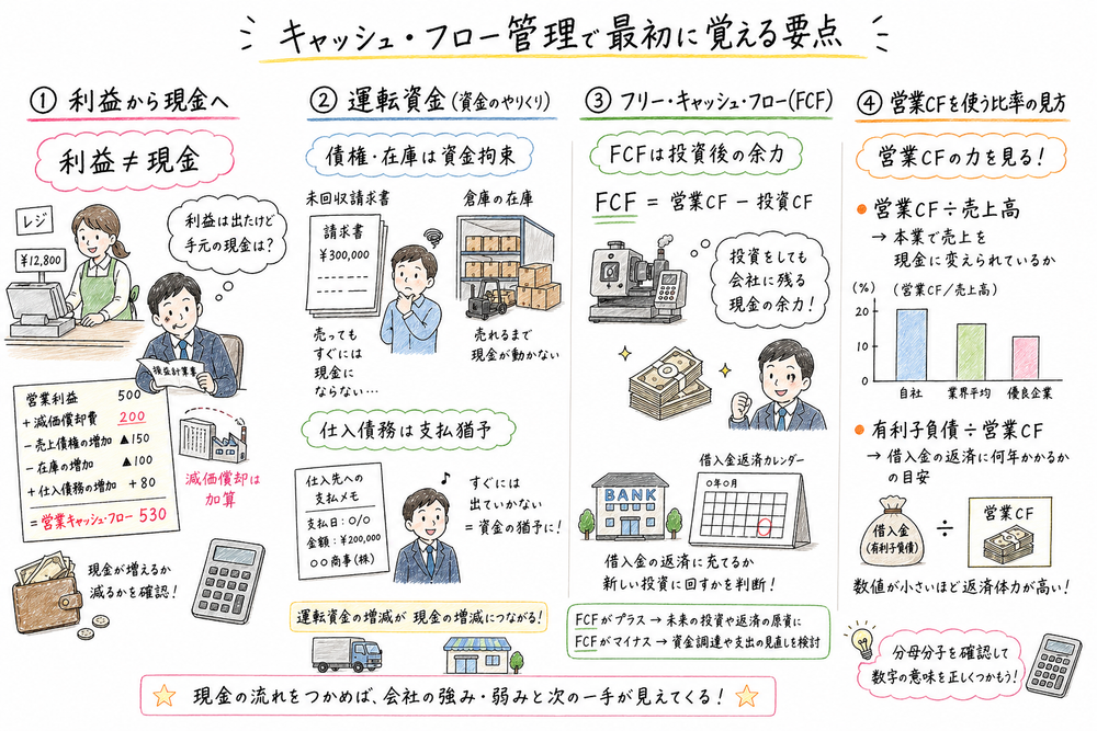 キャッシュ・フロー管理で最初に覚える営業CF、運転資金、FCF、比率の要点の図解