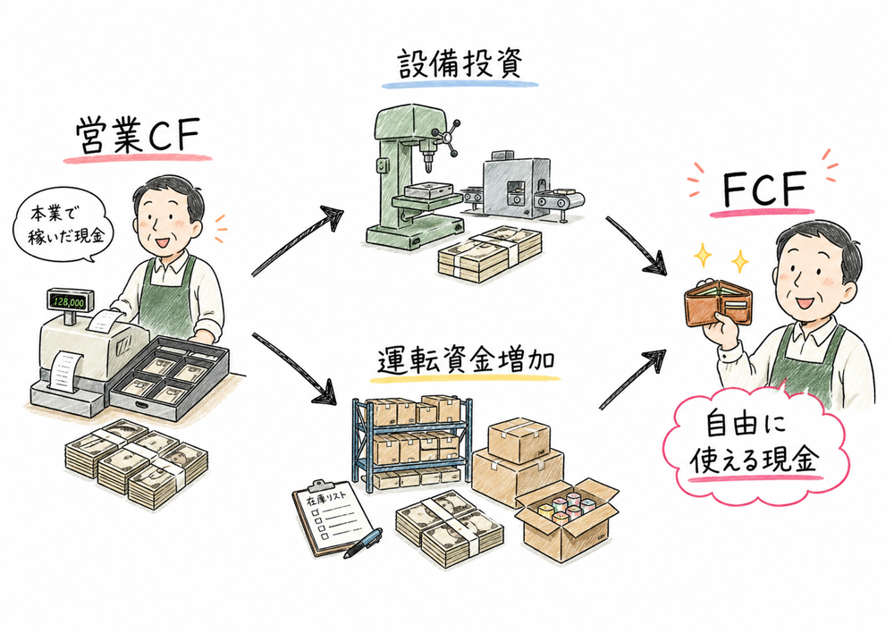 営業CFから設備投資と運転資金増加を差し引いてFCFを考える図解