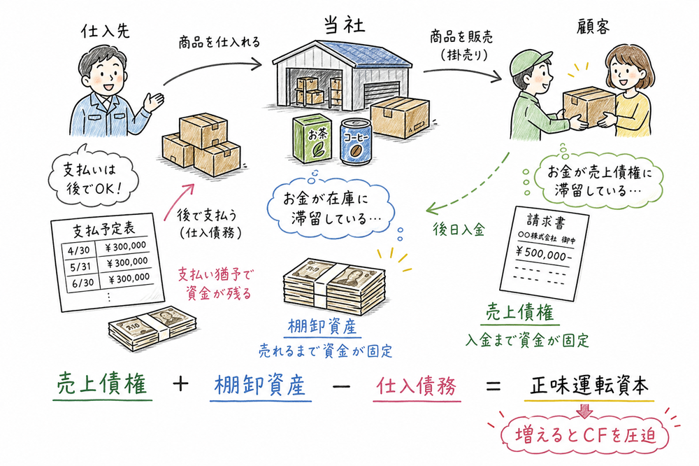 売上債権、棚卸資産、仕入債務と正味運転資本の関係の図解