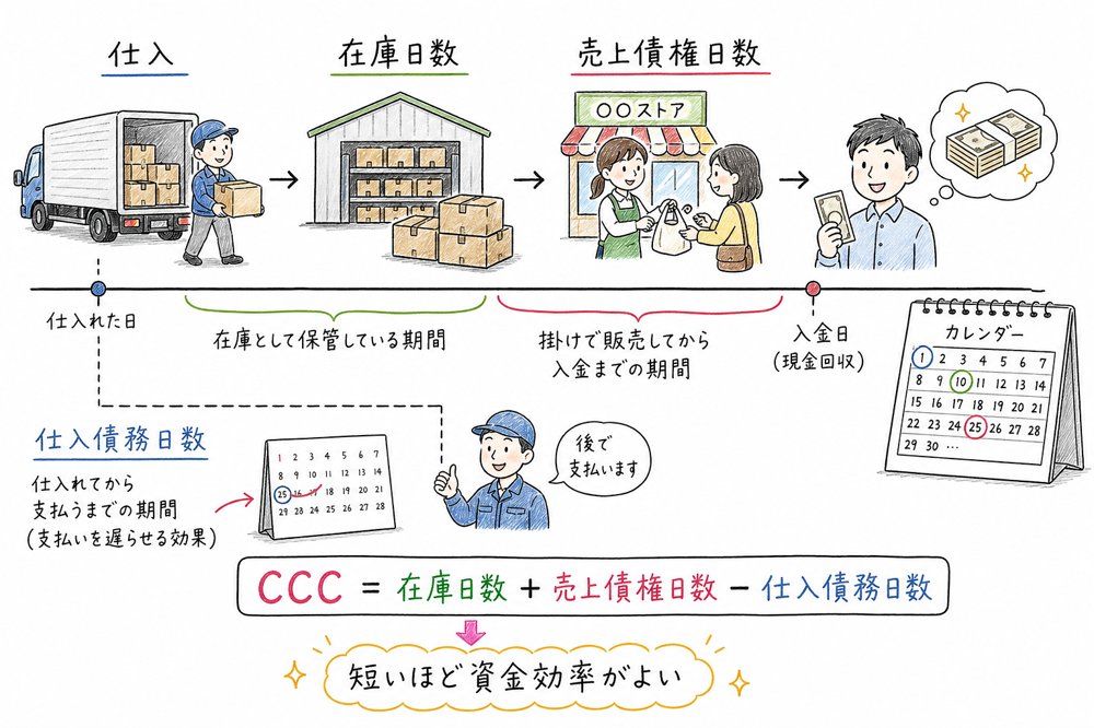 仕入から販売、回収までのキャッシュ・コンバージョン・サイクルの図解