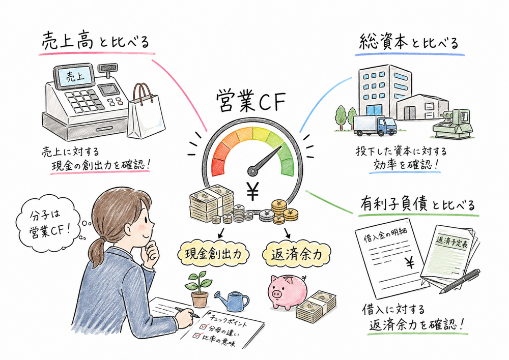 営業CFを売上高、総資本、有利子負債と比べるキャッシュ・フロー関連比率の図解