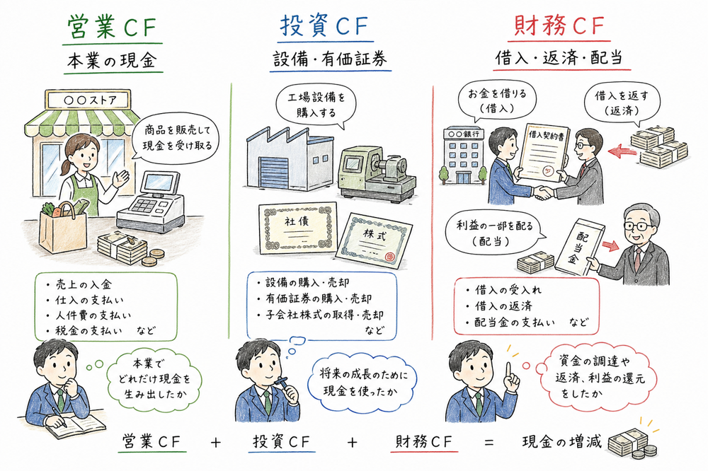 営業CF、投資CF、財務CFを取引内容で区分する図解