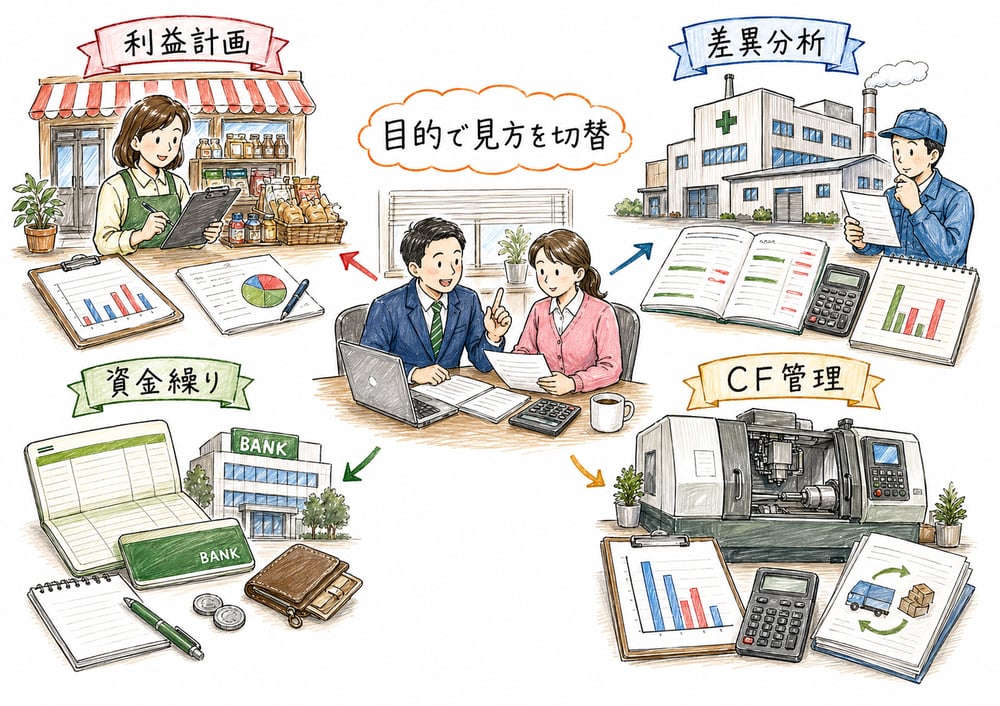 利益計画、差異分析、資金繰り、キャッシュ・フロー管理を目的別に切り替える図解