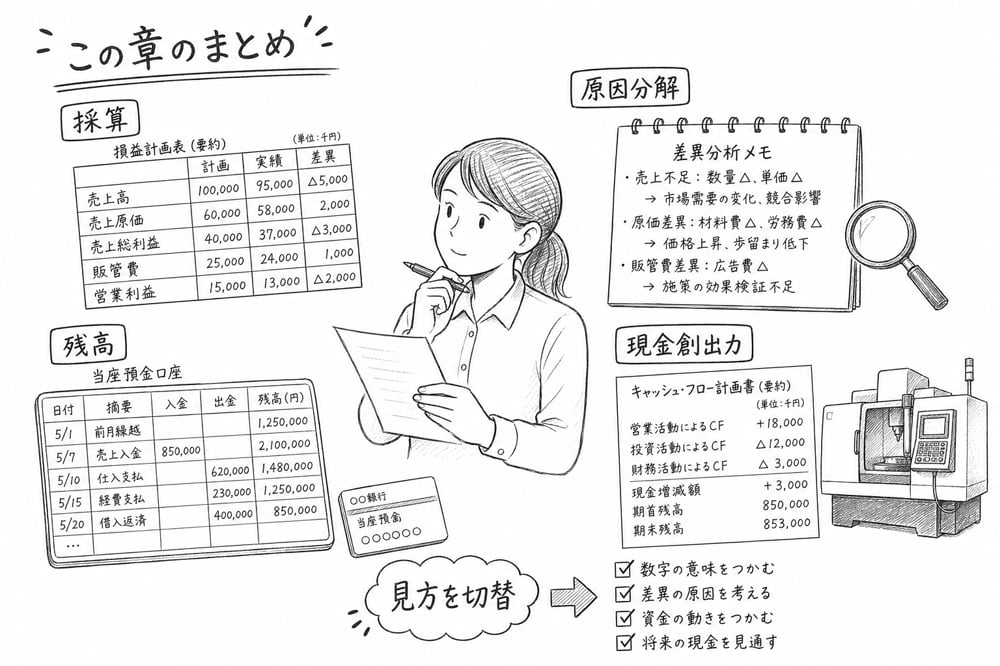 利益と資金管理で採算、原因分解、残高、現金創出力の見方を切り替える図解