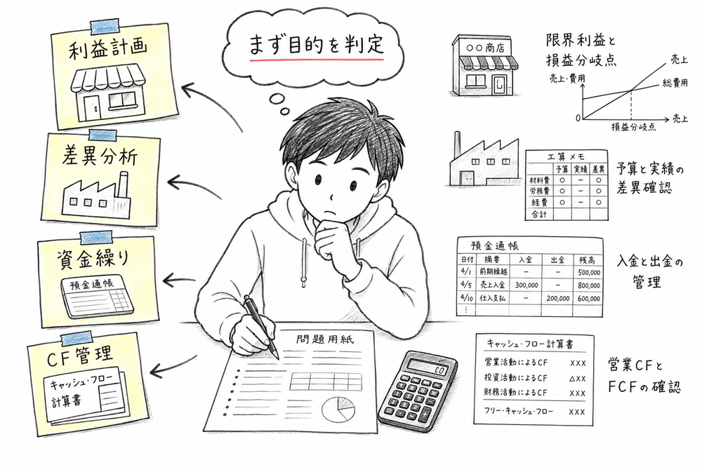 利益計画、差異分析、資金繰り、キャッシュ・フロー管理を最初に見分ける判断軸の図解