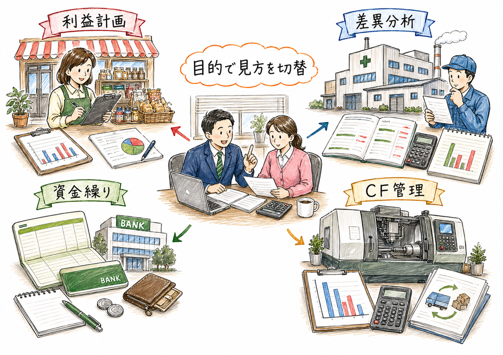 利益計画、差異分析、資金繰り、キャッシュ・フロー管理を目的別に切り替える図解