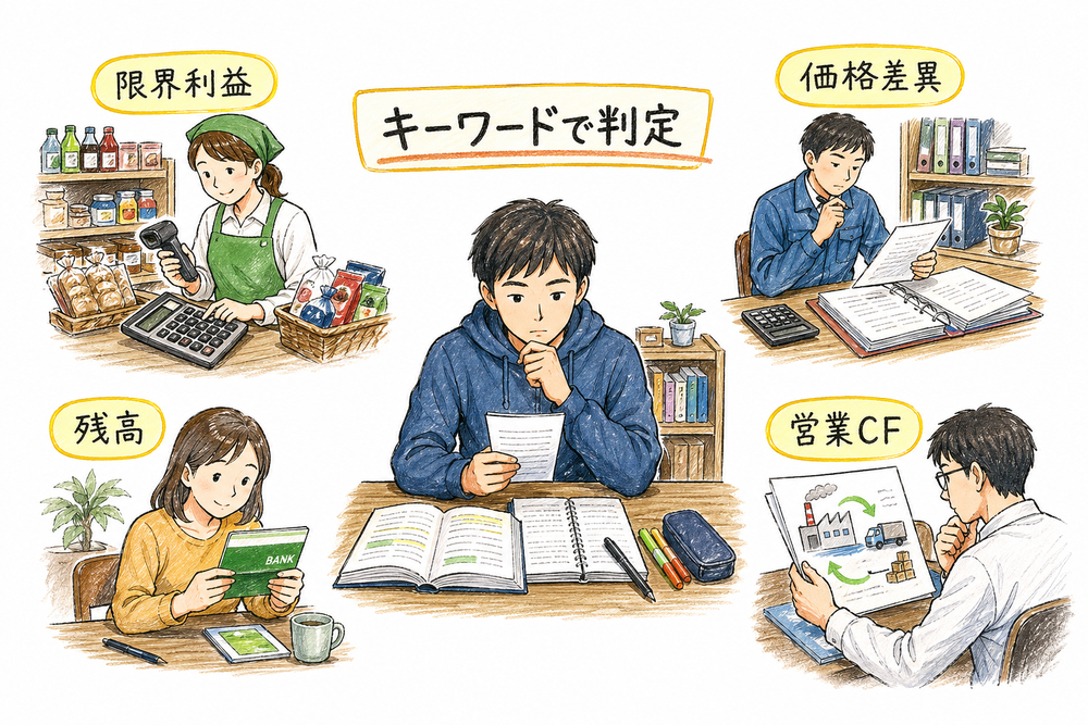 限界利益、価格差異、残高、営業CFなどのキーワードから管理論点を見分ける図解
