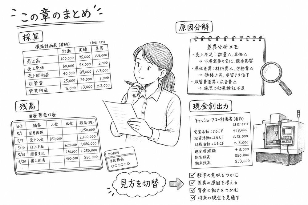 利益と資金管理で採算、原因分解、残高、現金創出力の見方を切り替える図解