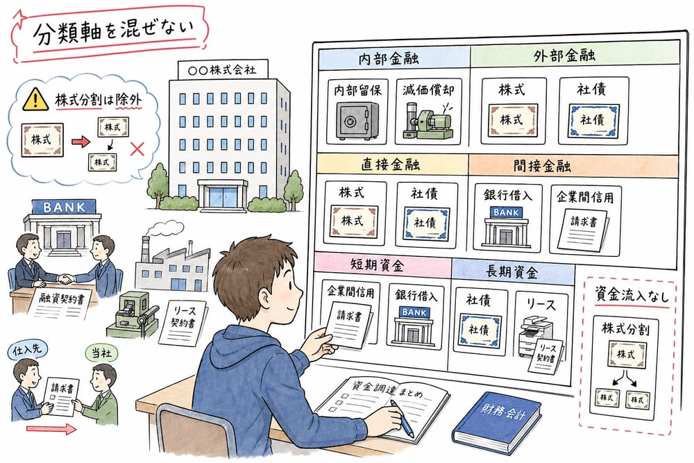 資金調達の形態で最初に押さえる分類軸とひっかけをまとめた図解