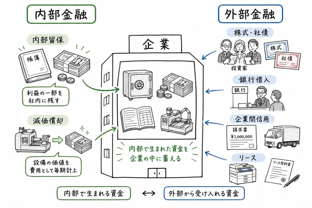内部金融と外部金融の資金の生まれ方と受け入れ方を対比した図解