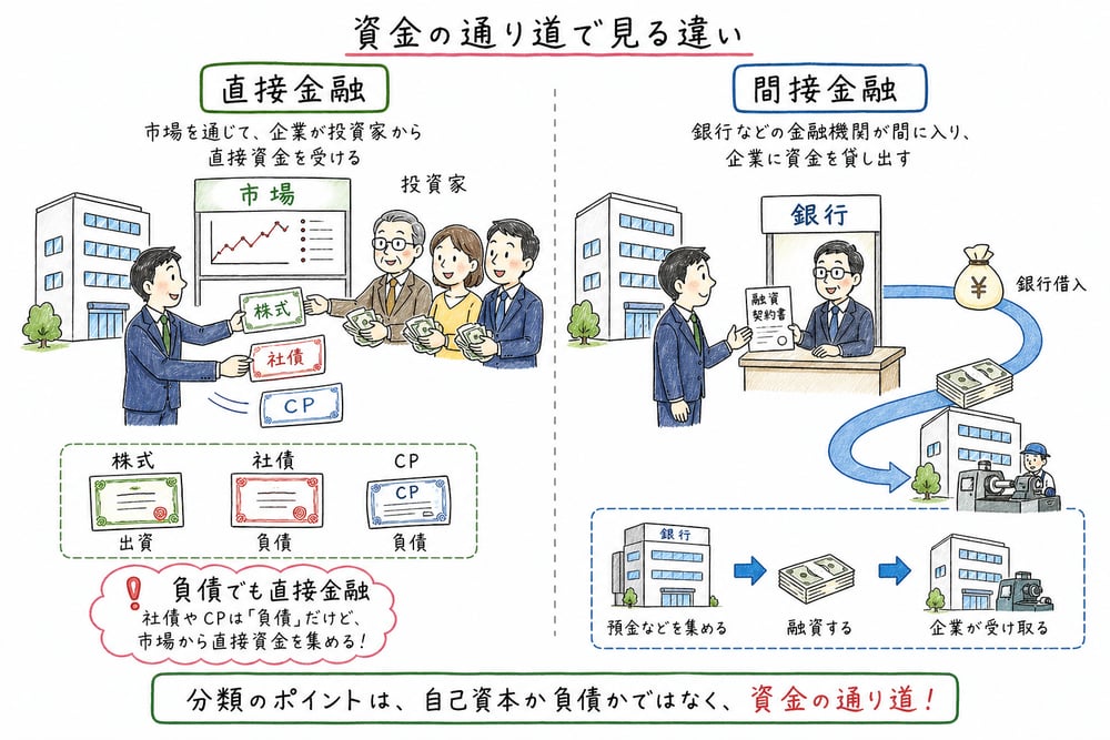 直接金融と間接金融を資金の通り道で区別する図解