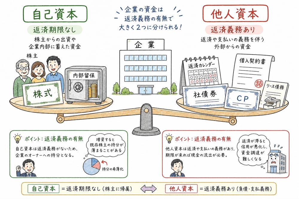 自己資本と他人資本を返済義務の有無で区別する図解
