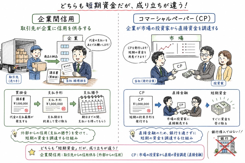 企業間信用とコマーシャルペーパーの短期資金調達としての違いを示す図解