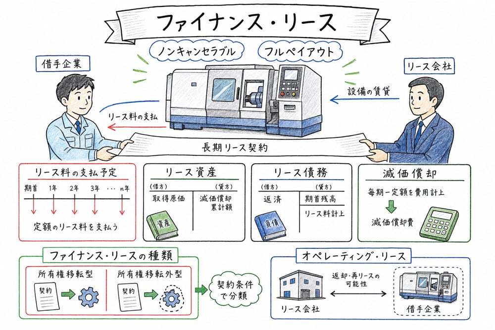 ファイナンス・リースの特徴とオペレーティング・リースとの違いを示す図解
