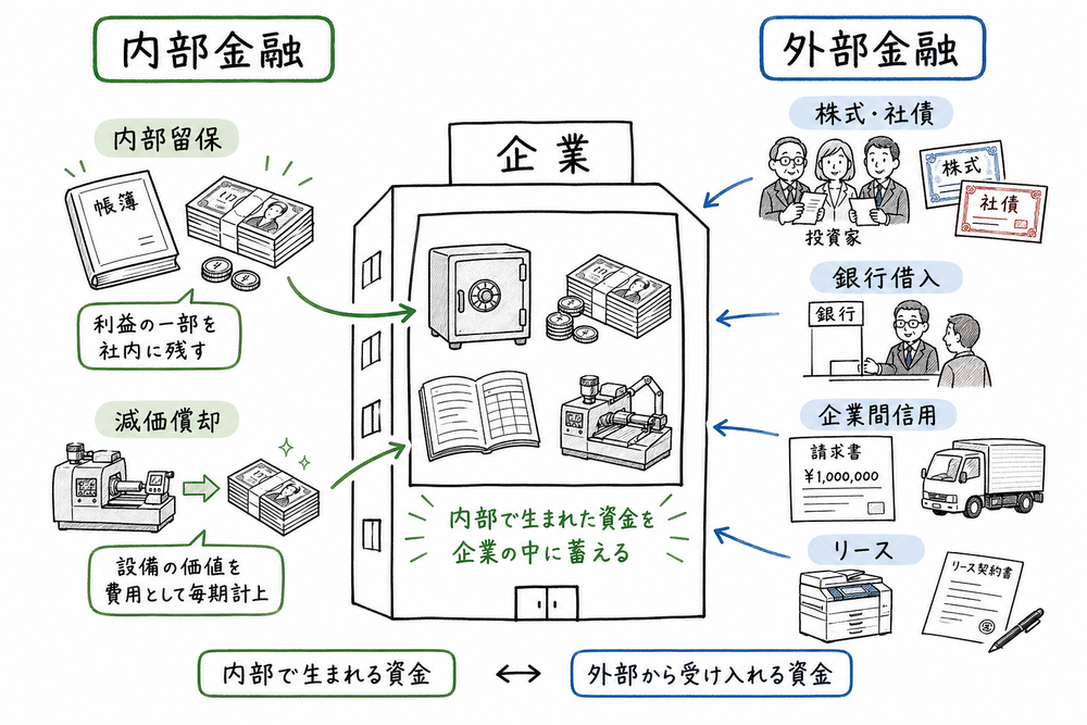 内部金融と外部金融の資金の生まれ方と受け入れ方を対比した図解