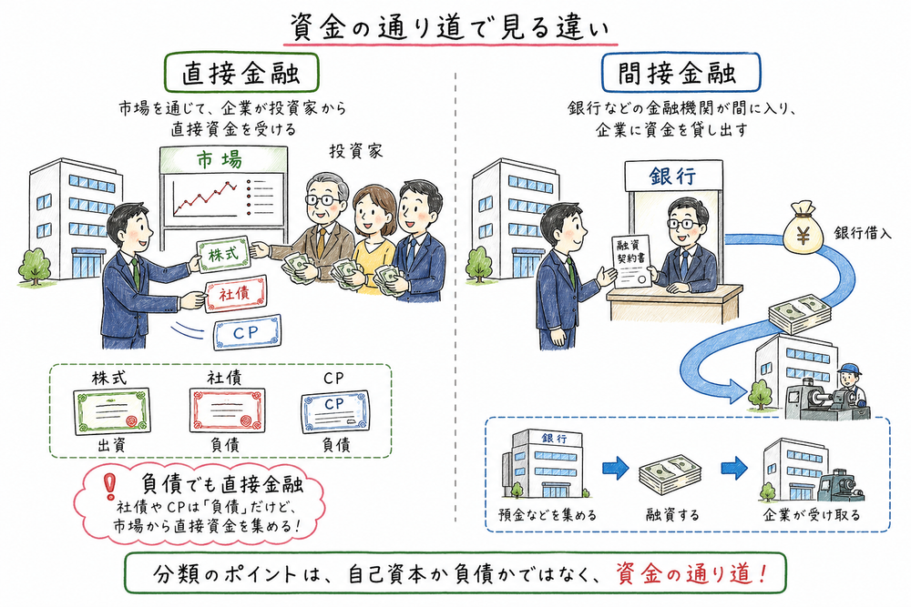 直接金融と間接金融を資金の通り道で区別する図解