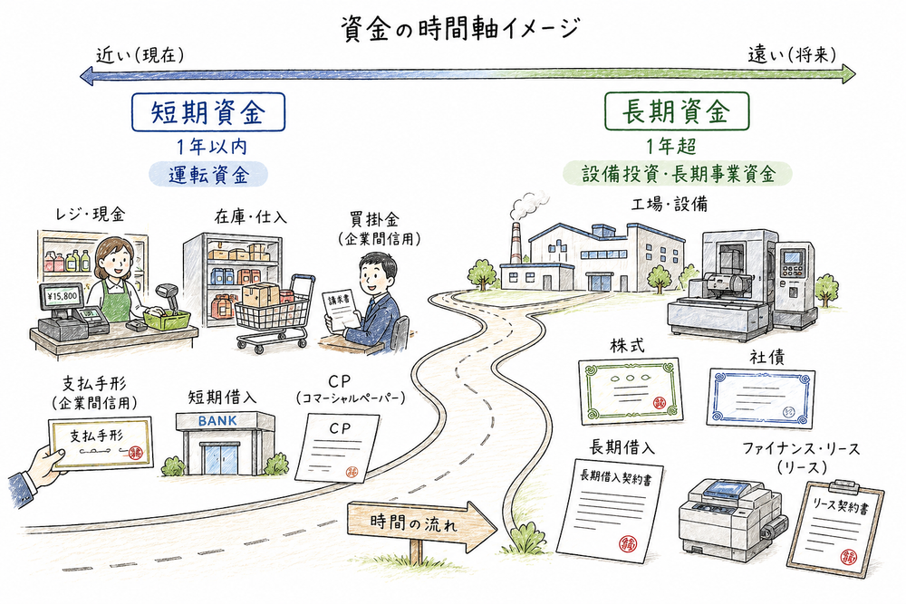短期資金と長期資金を運転資金と設備資金で見分ける図解