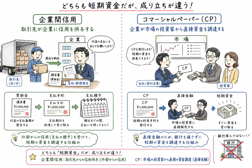 企業間信用とコマーシャルペーパーの短期資金調達としての違いを示す図解