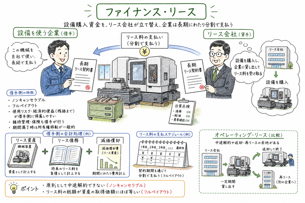 ファイナンス・リースの特徴とオペレーティング・リースとの違いを示す図解
