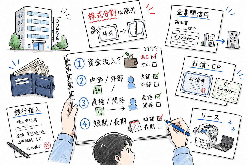 資金調達の分類軸を順番に確認するまとめ図解