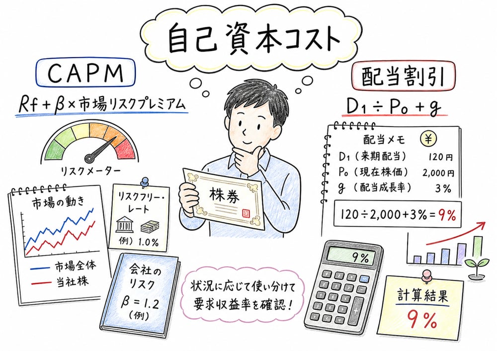 CAPMと配当割引モデルで自己資本コストを求める考え方の図解