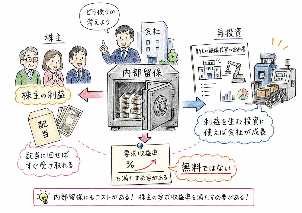内部留保を再投資する場合も株主の要求収益率を満たす必要があることを示す図解