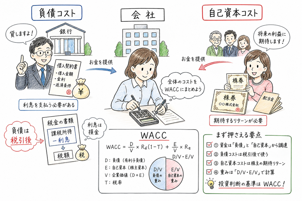 負債コスト、自己資本コスト、WACC、税引後負債コスト、D/VとE/Vをまとめて押さえる図解