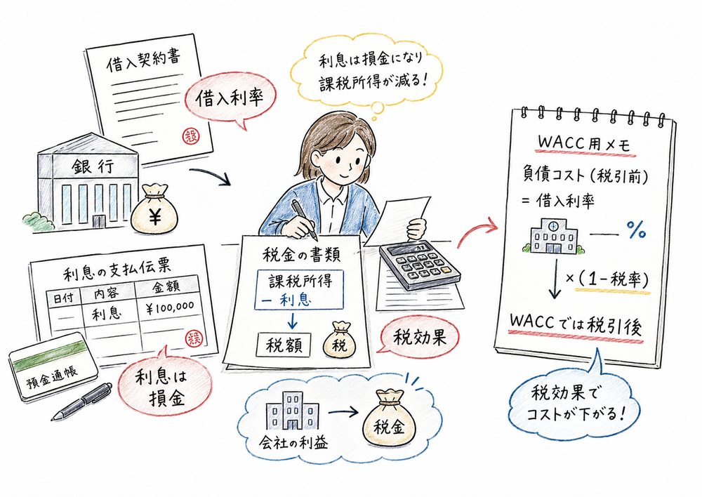 借入利息、税金、WACCで使う税引後負債コストの関係を示す図解