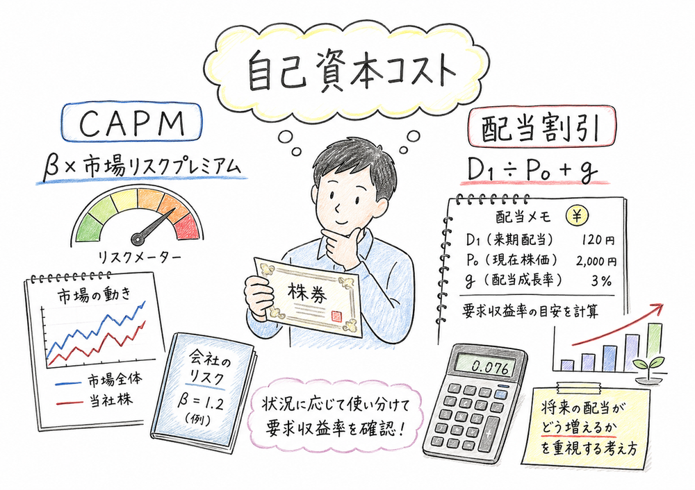 CAPMと配当割引モデルで自己資本コストを求める考え方の図解