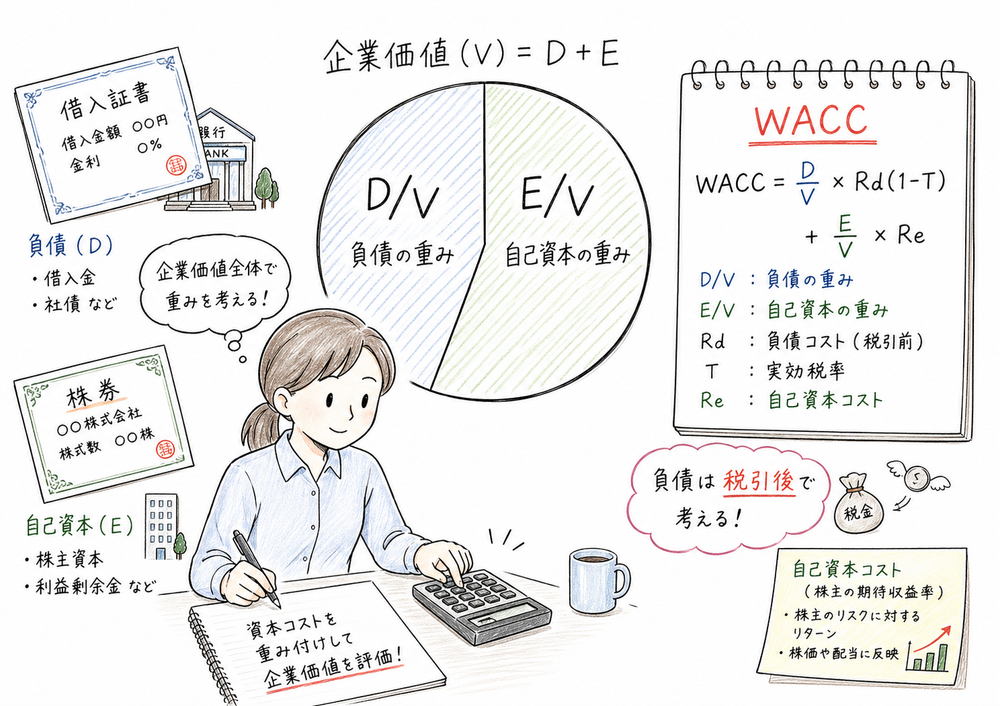 負債と自己資本をD/VとE/Vへ直してWACCを計算する図解