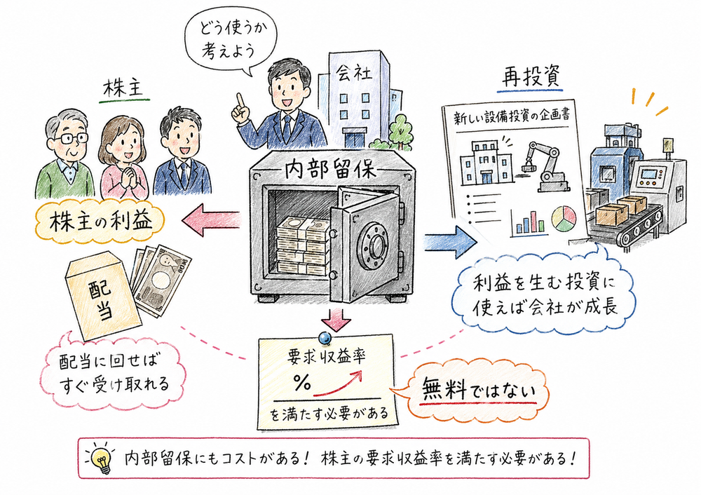 内部留保を再投資する場合も株主の要求収益率を満たす必要があることを示す図解