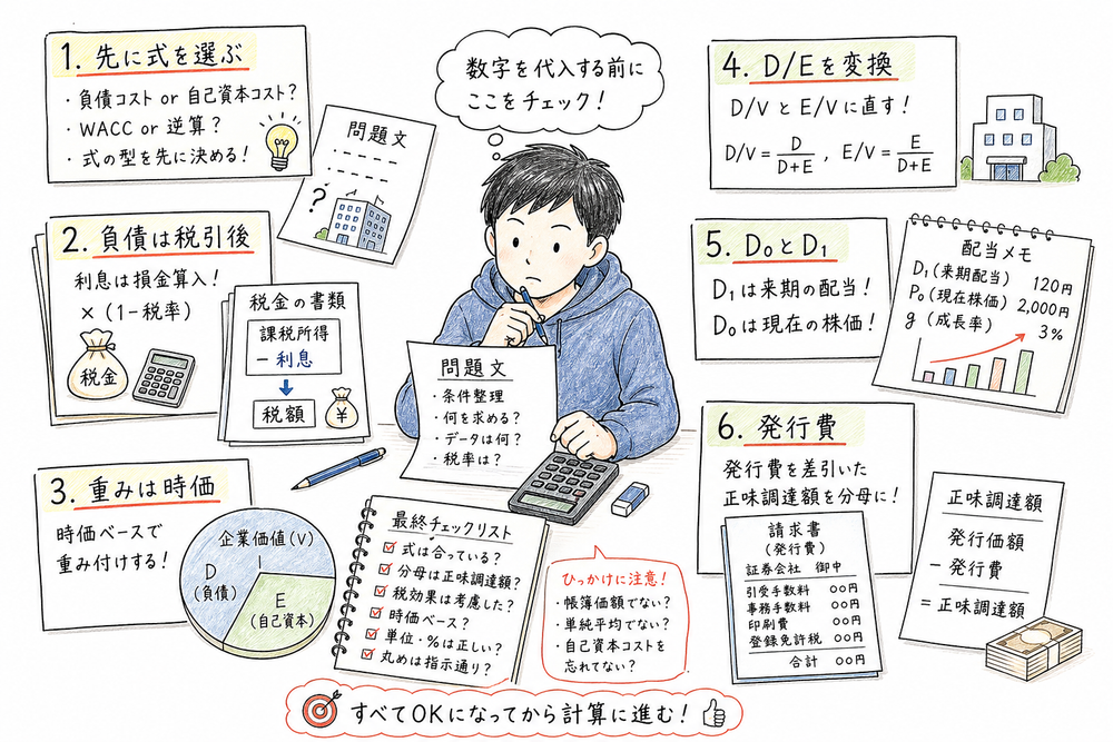 資本コスト問題で先に式を選び、税引後、時価重み、D/E変換、D0とD1、発行費を確認するまとめ図