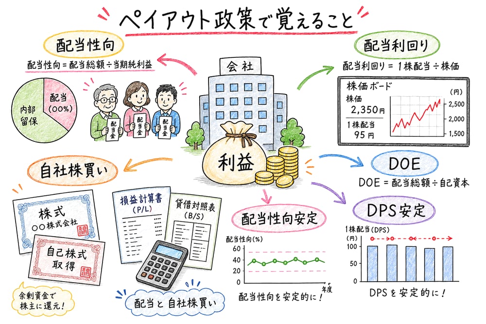 配当性向・配当利回り・DOE・配当政策・自社株買いを章の入口で整理する図解