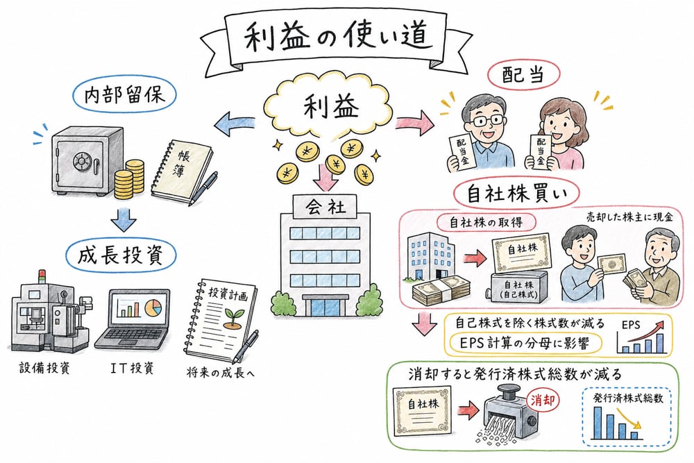 利益を内部留保・成長投資・配当・自社株買いへ振り分けるペイアウト政策の図解