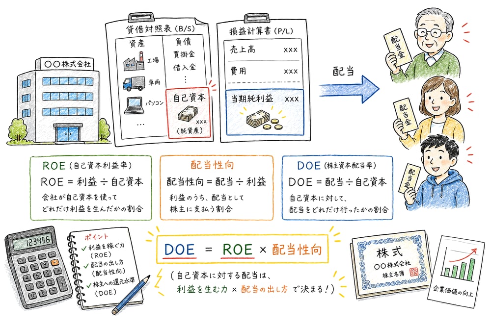 DOEがROEと配当性向を掛け合わせた関係になることを示す図解